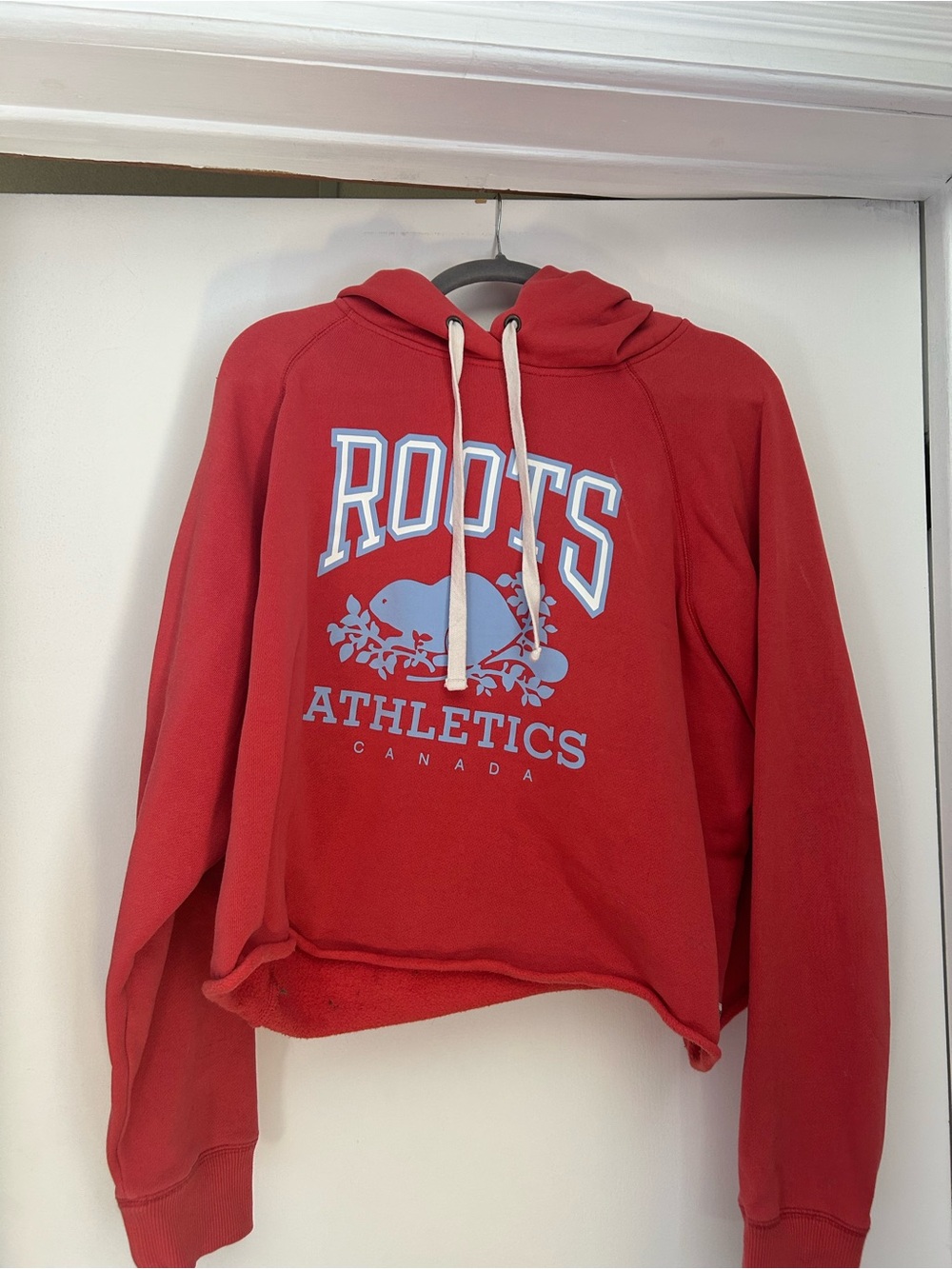 Roots Coral Red Cropped Hoodie with Light Blue Athletics Logo